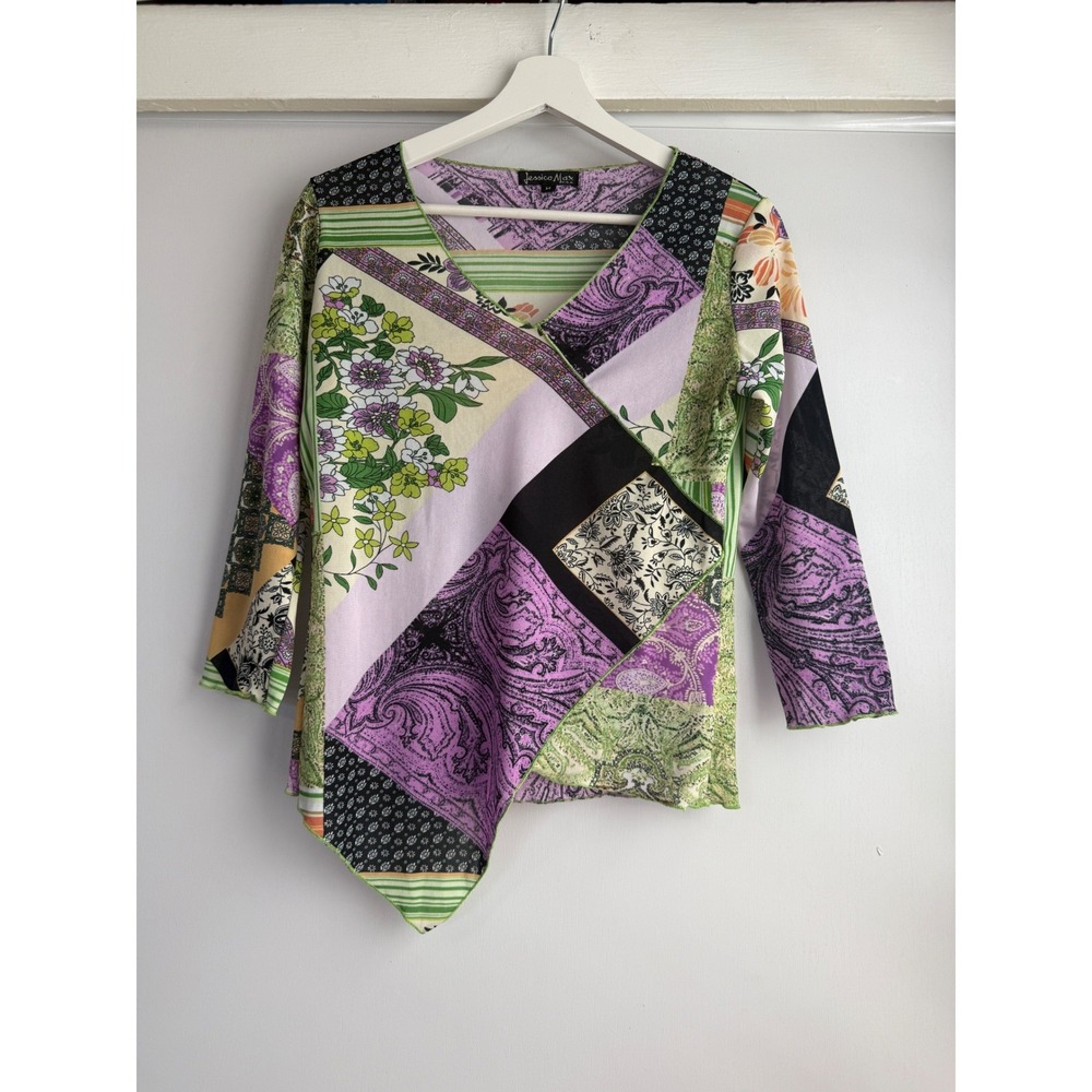 Jessica Max Vintage Y2K Womens Patchwork Floral‎ Asymmetrical Top Size M Fairy